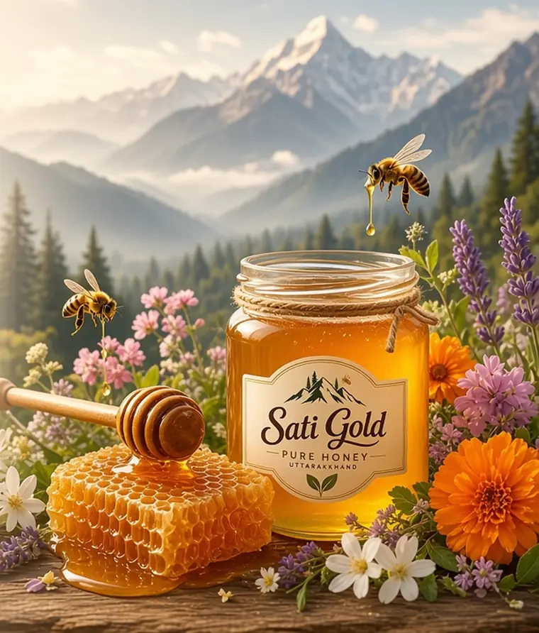 Sati Gold Pure Honey jar with honeycomb, wild flowers and the Himalayas of Uttarakhand