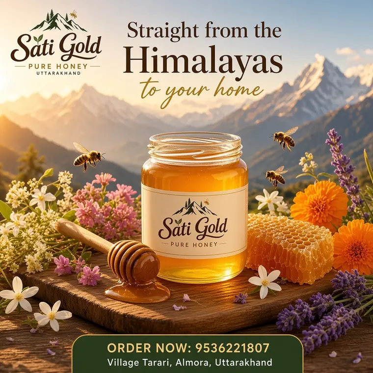 Sati Gold Pure Honey jar on a wooden board with honeycomb, honey dipper and Himalayan mountains