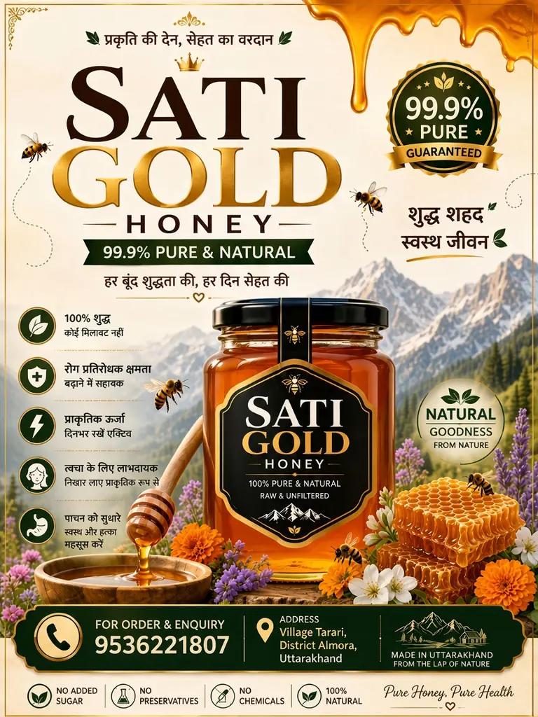 Sati Gold Honey poster: 99.9% pure and natural honey from Uttarakhand