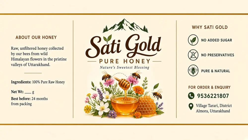 Sati Gold jar label: no added sugar, no preservatives, pure and natural